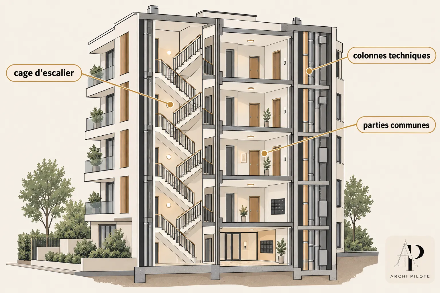Plan détaillé d’un immeuble sur coupe verticale montrant cage d’escalier centrale, colonnes techniques, et parties communes.