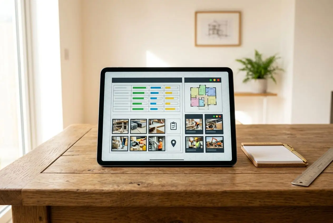 Tablette affichant un tableau de bord et des photos de chantier, posée sur une table en bois avec carnet et règle à côté, dans une pièce lumineuse. application suivi de chantier intégrée.