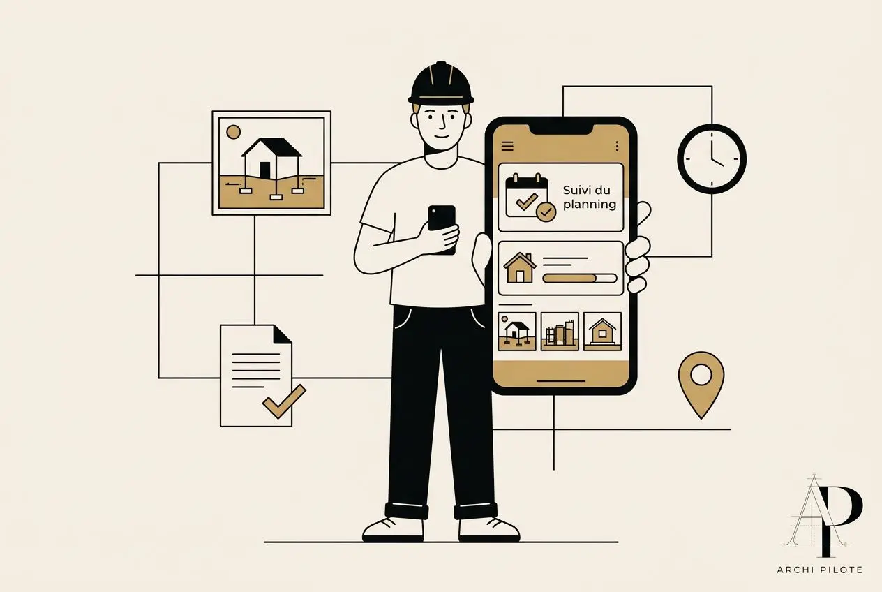 Illustration d’un ouvrier avec casque tenant un smartphone affichant l’application suivi de chantier, planification et icônes de bâtiment.