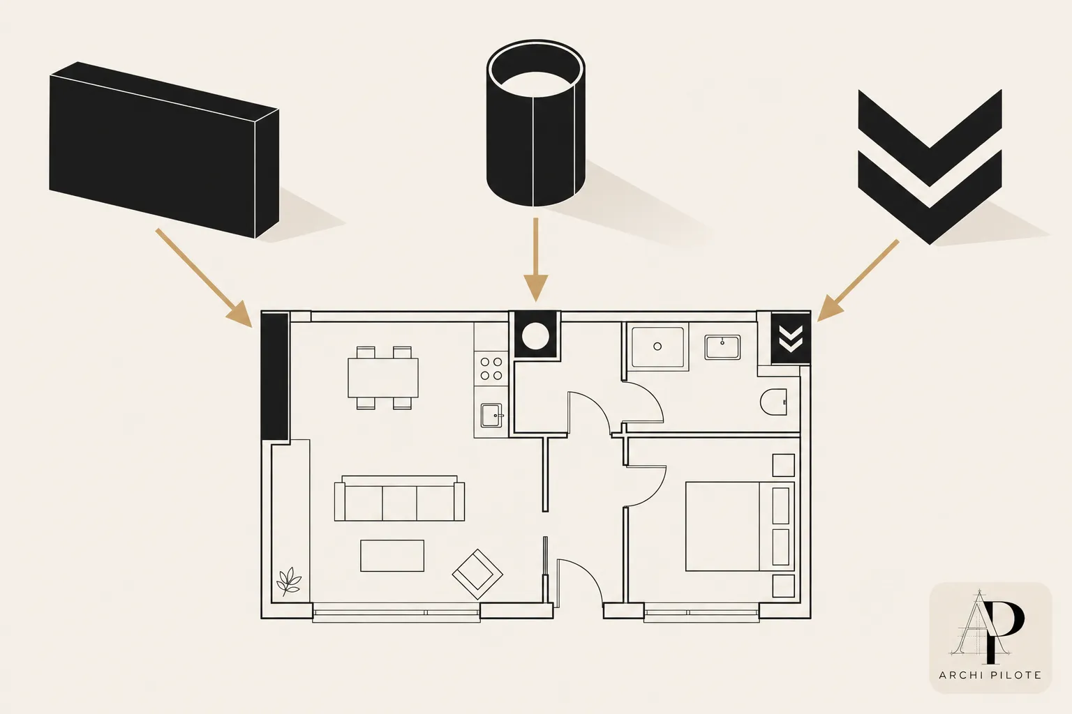 Plan d’un appartement vu de dessus avec meubles, portes et pièces délimitées.