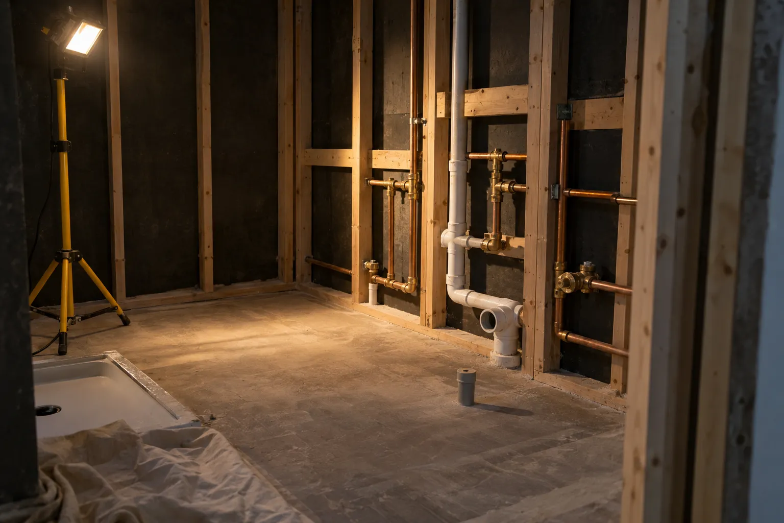 Échafaudage et murs en bois avec plomberie apparente dans une pièce en rénovation, éclairés par une lampe sur trépied.