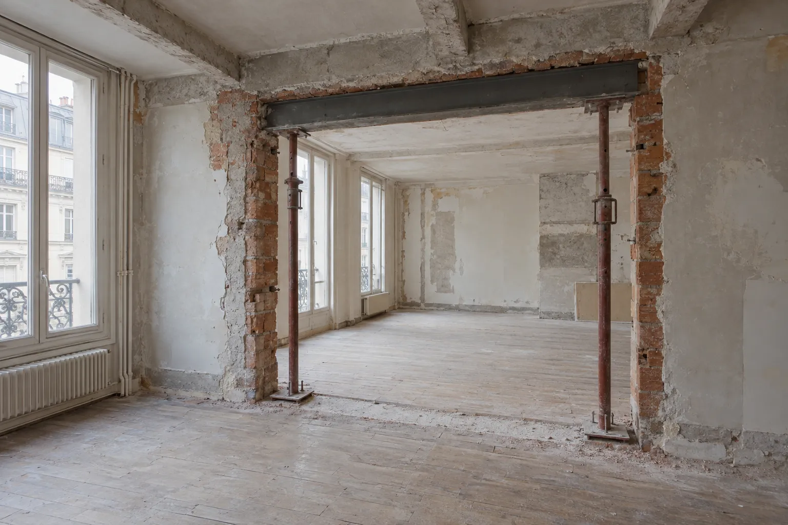 Salle de travaux en cours avec une ouverture murale soutenue par des étais métalliques et des linteaux, dans un espace neufs