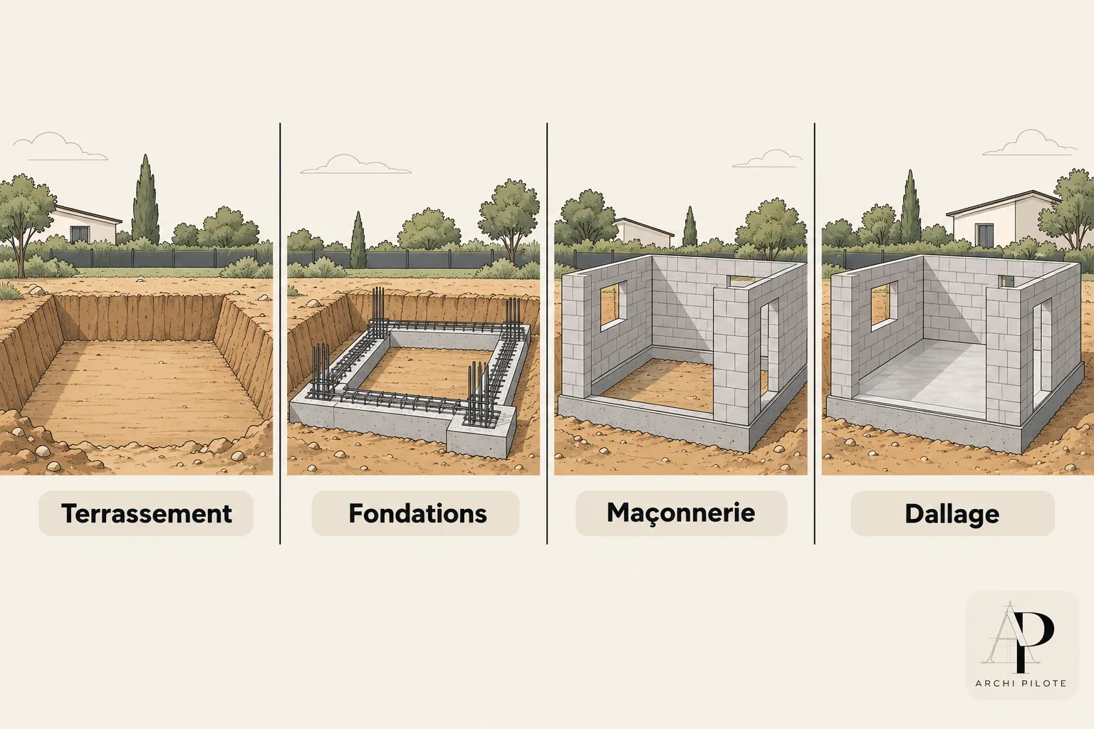 Plan de fondations et murs en construction montrant le terrassement, les fondations, la maçonnerie et le dallage.