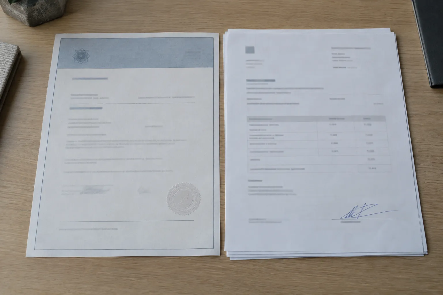 Papiers d’attestation d’assurance et documents administratifs empilés sur une table.