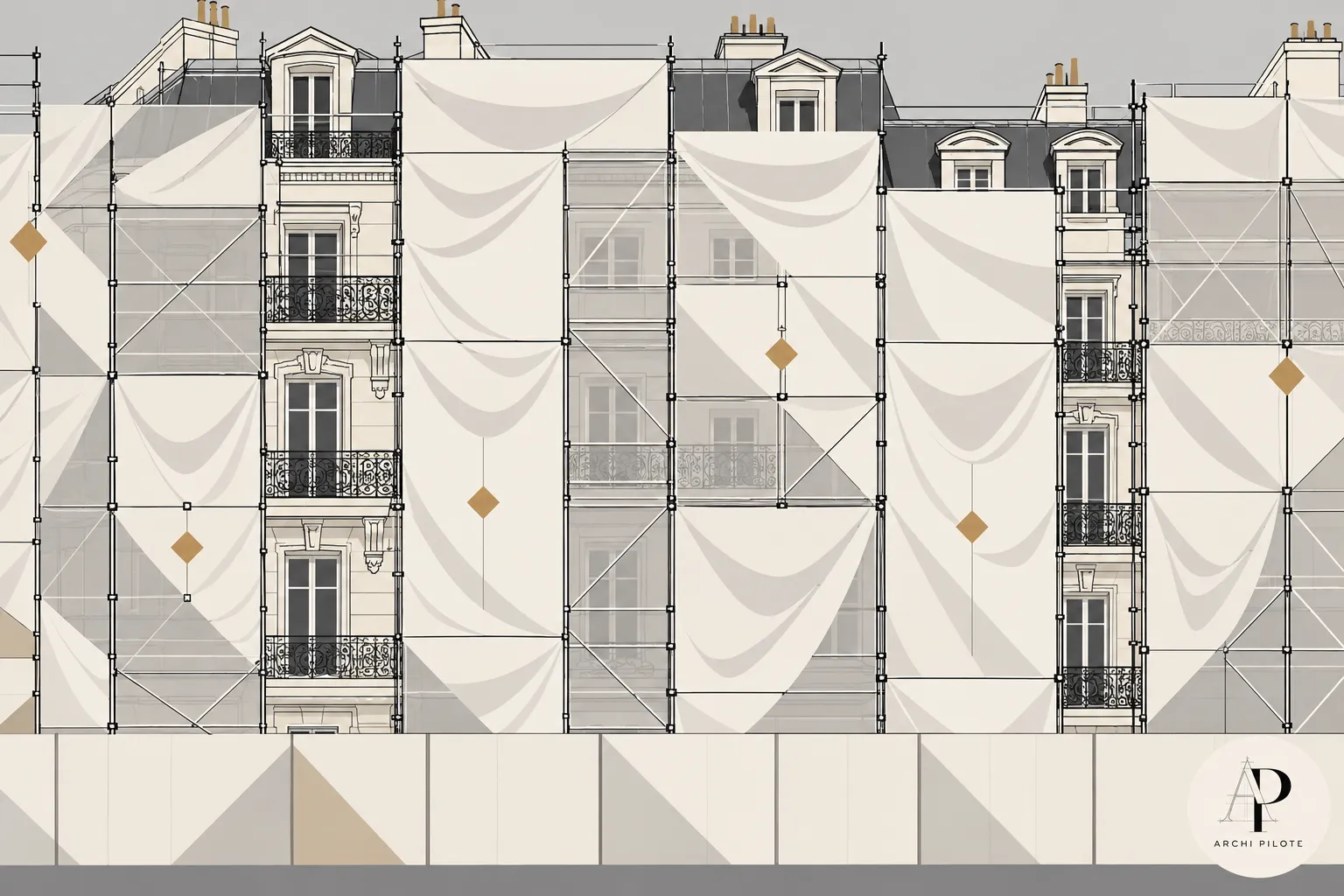 Échafaudage recouvrant une façade d’immeuble parisien en travaux.