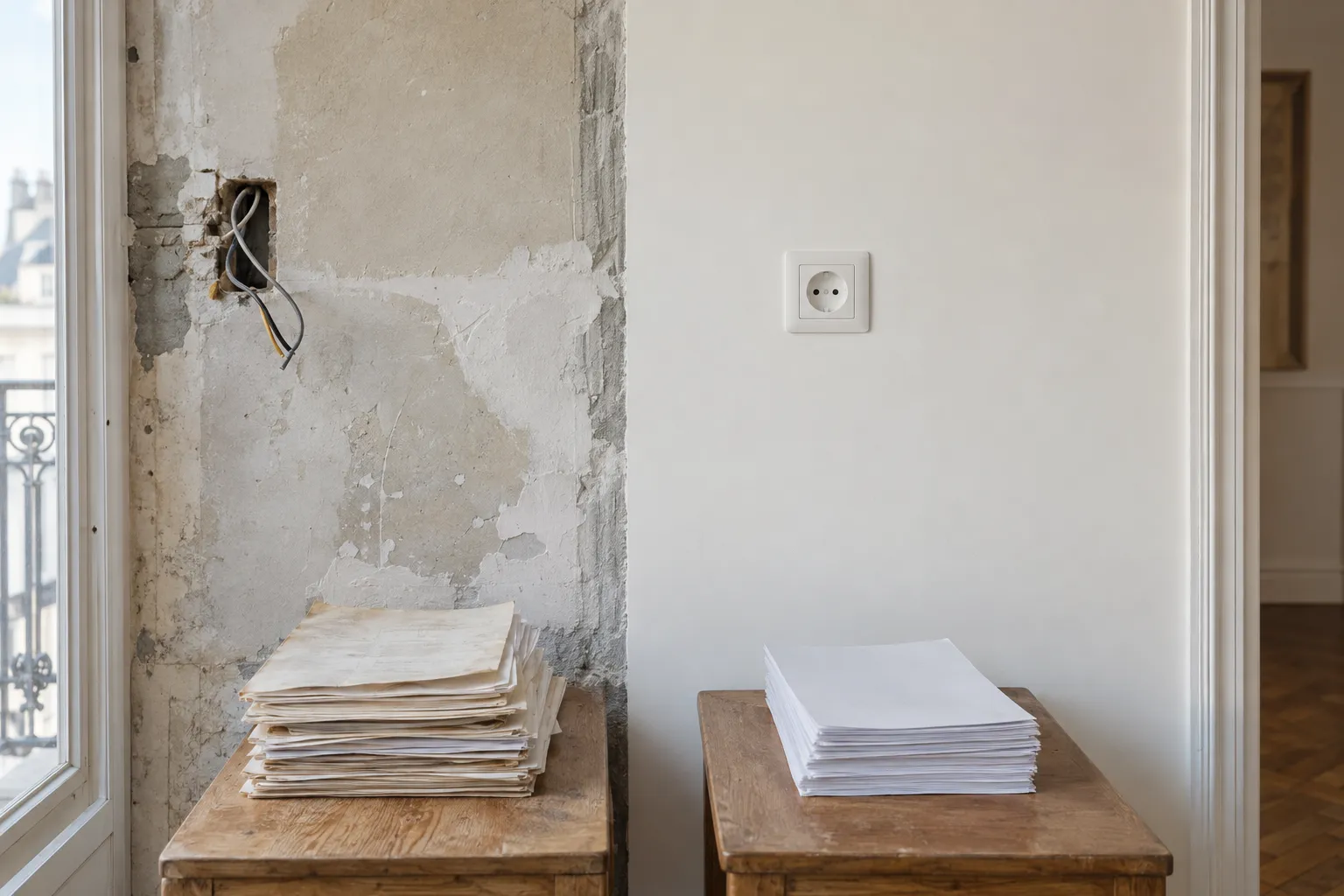 Pile de documents et feuilles de papier sur une table en bois dans une pièce en cours de rénovation.