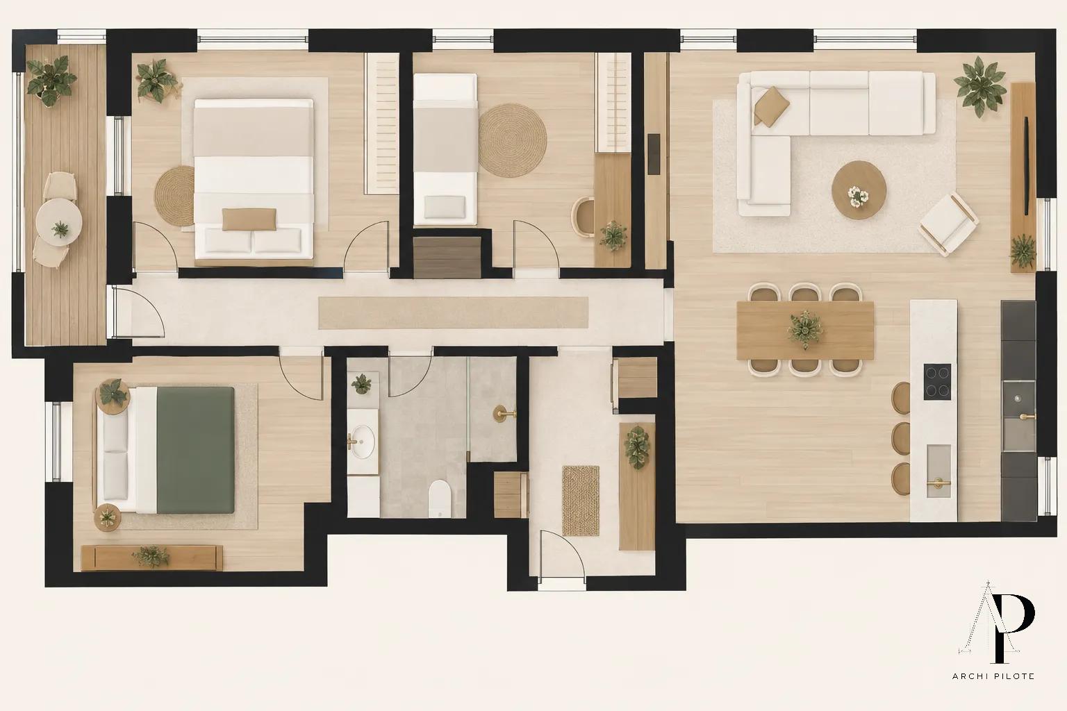 Plan d’un appartement avec salon, cuisine ouverte et salle à manger au rez-de-chaussée, ainsi que plusieurs chambres et