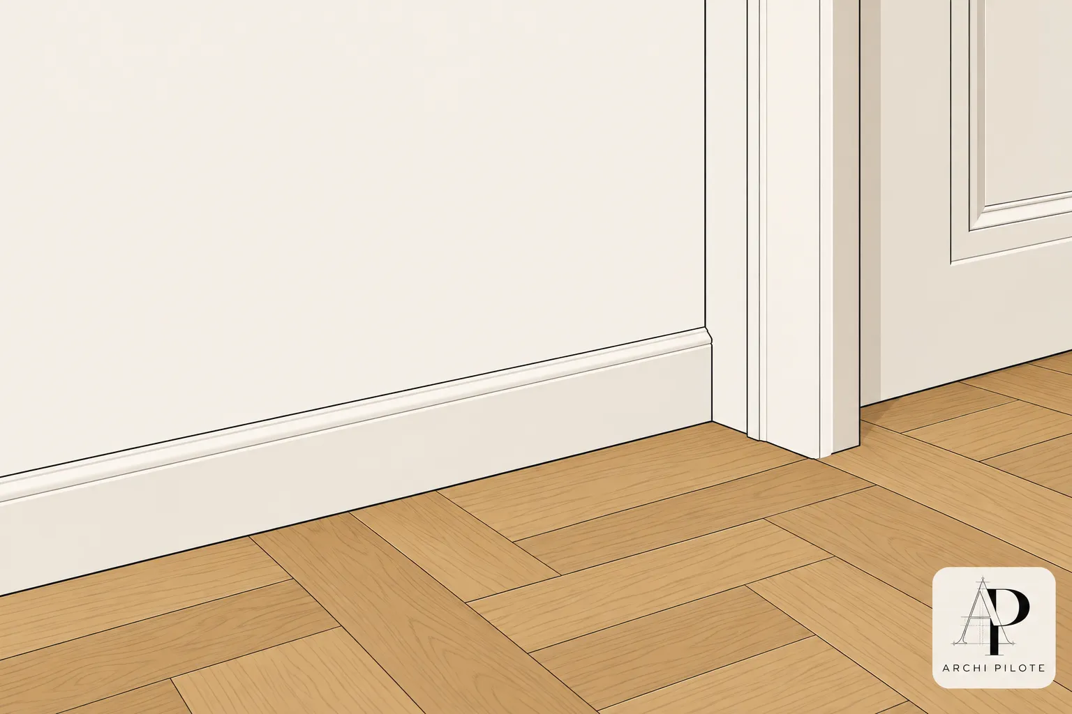 Coin intérieur montrant un parquet en bois clair et une plinthe le long d’un mur blanc près d’une porte.