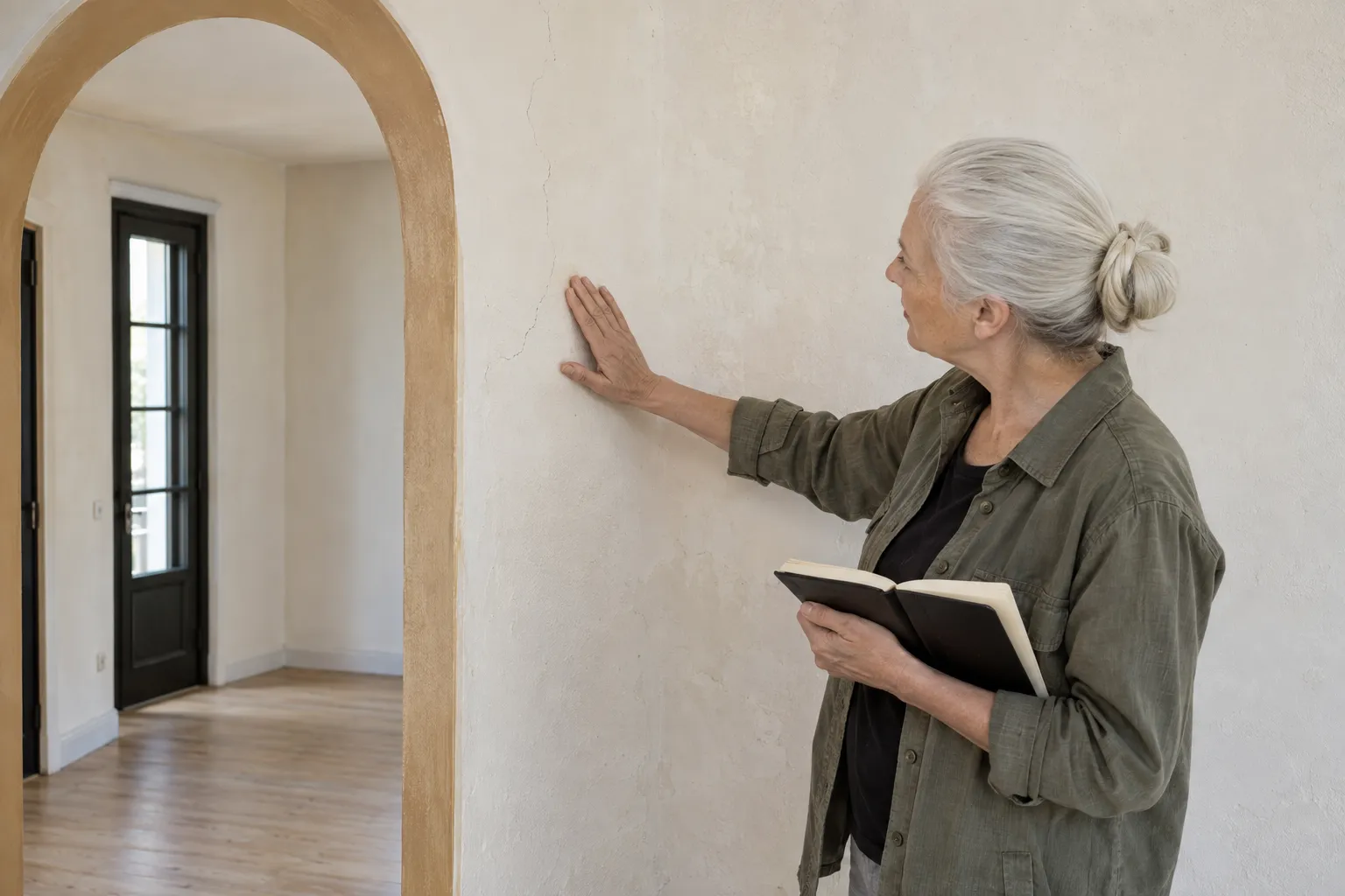 Une femme âgée tient un carnet et touche un mur intérieur lors d’une visite d’inspection.