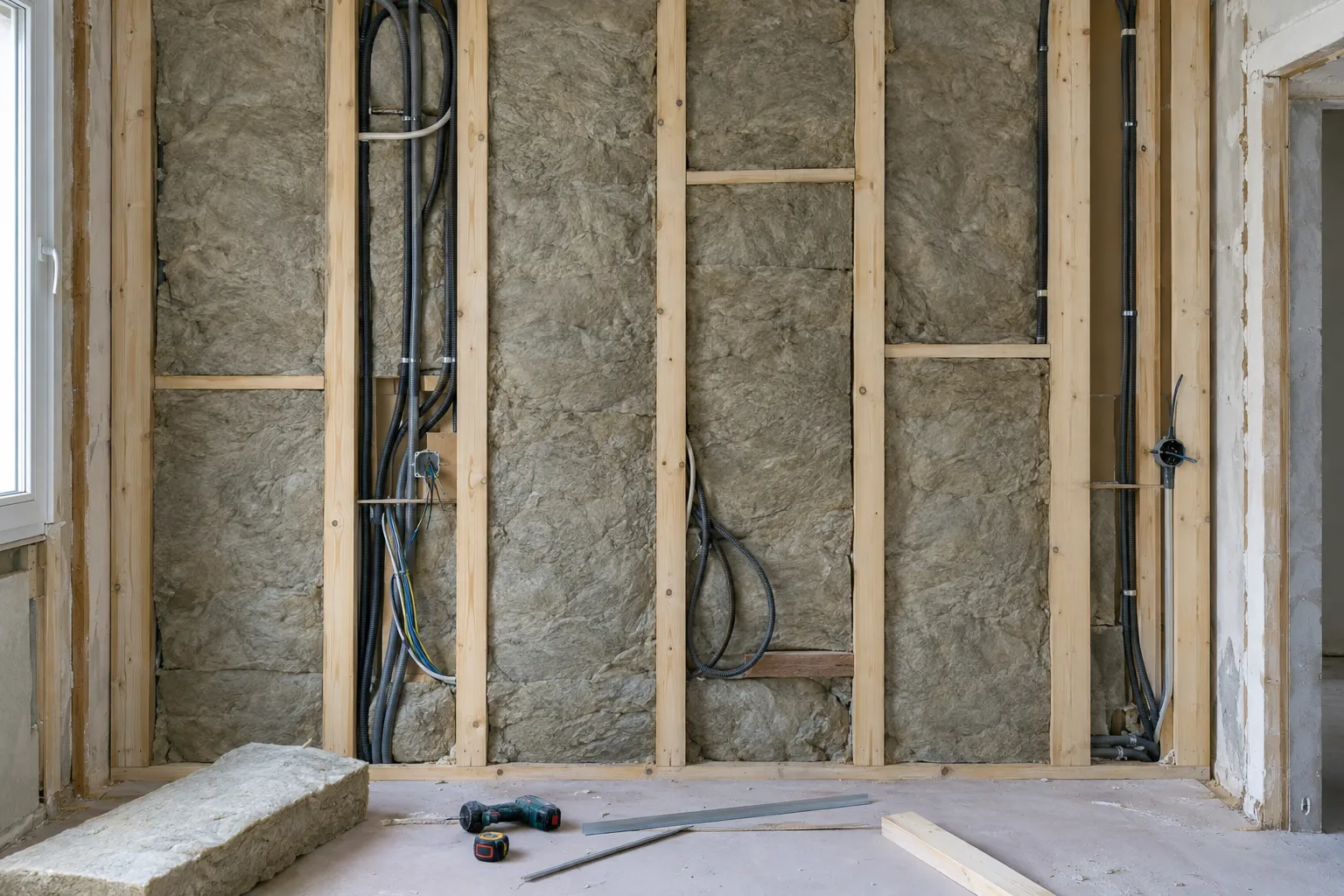 Pièce en rénovation avec des panneaux isolants entre les montants en bois et des fils électriques visibles contre le mur.