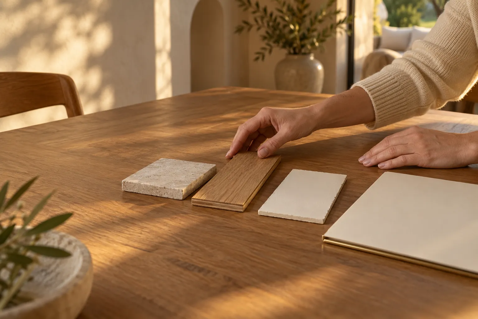 Une main pointe des échantillons de matériaux et de revêtement posés sur une table en bois.