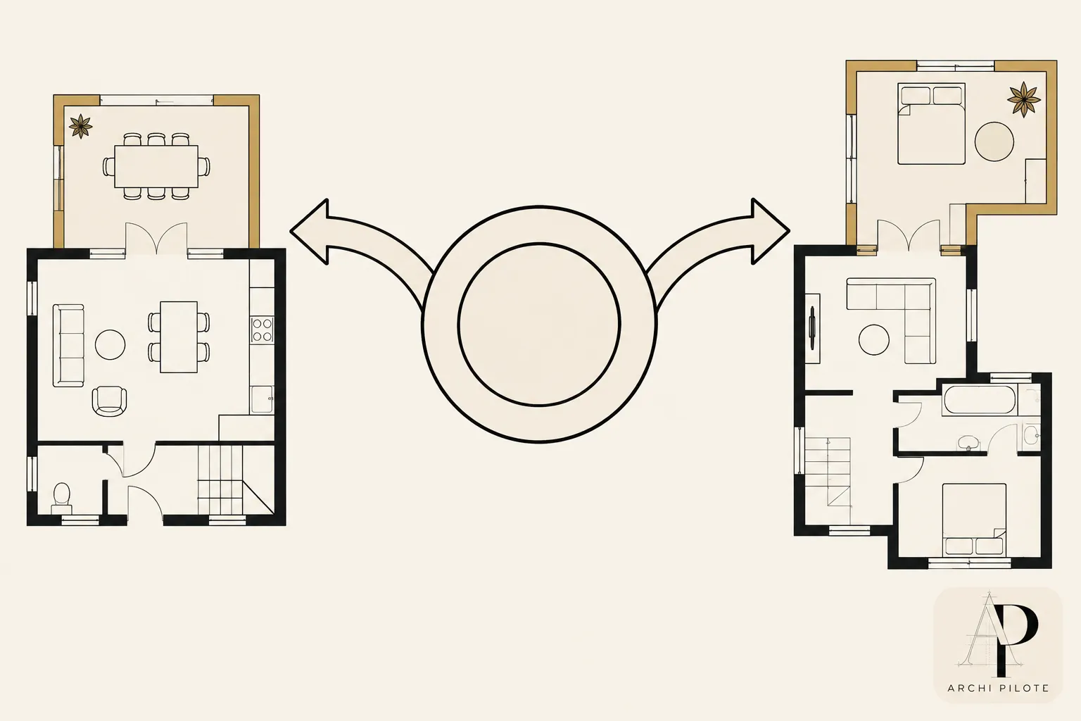 Plan architectural montrant deux services ou options de projet reliés par un symbole circulaire central avec flèches,