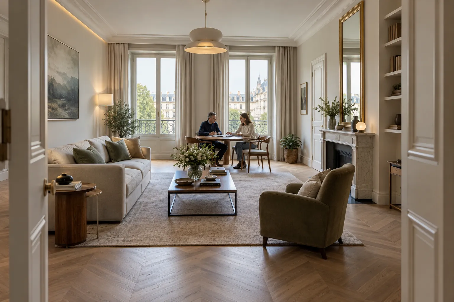 Deux personnes discutent à une table dans un salon lumineux et élégant.