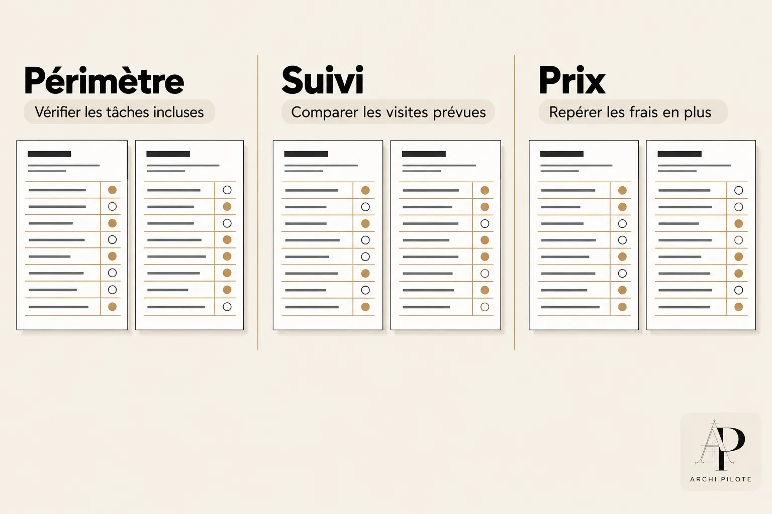 Trois colonnes montrent des petites fiches ou listes intitulées Périmètre, Suivi et Prix.