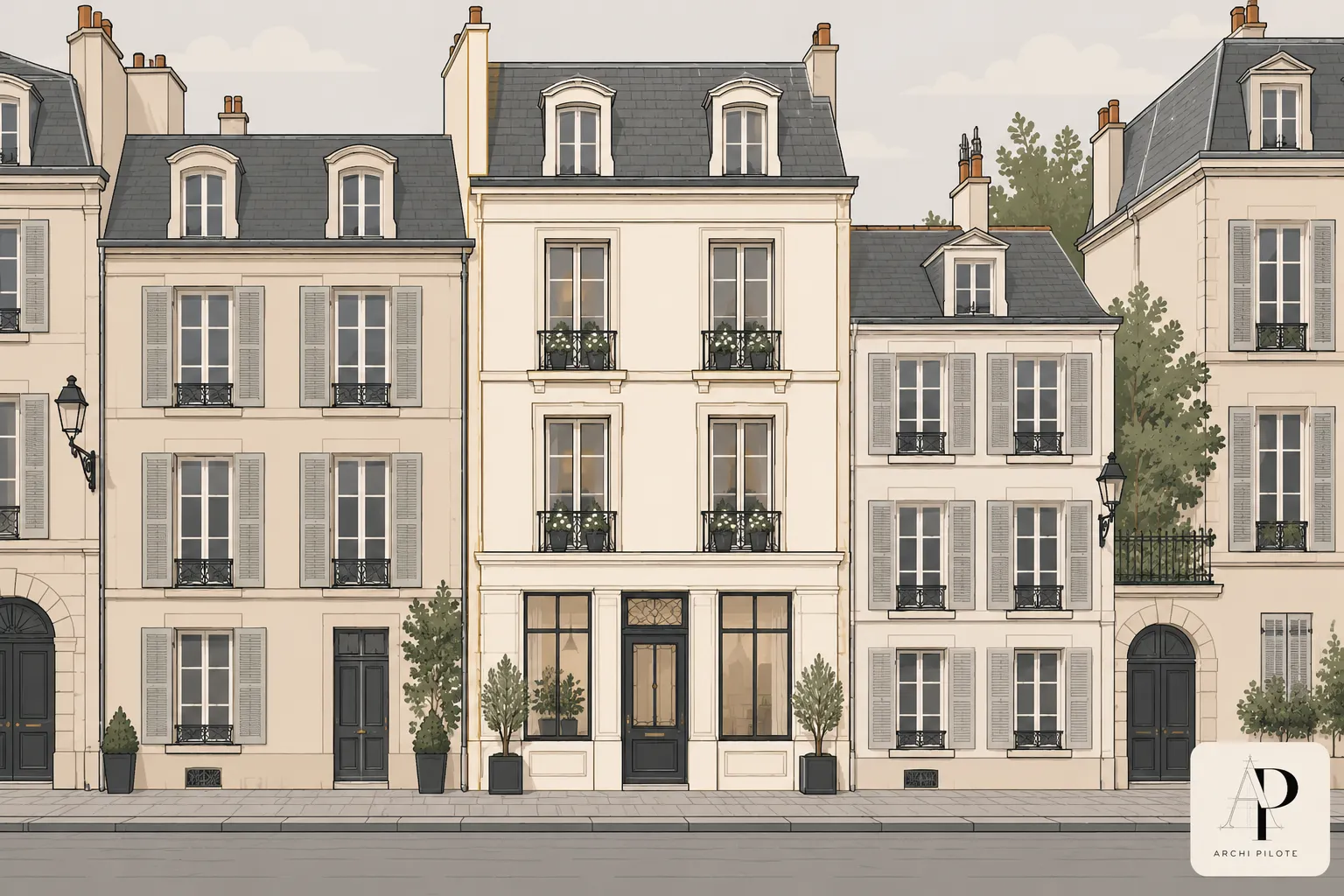 Facades de maisons parisiennes à étages avec portes et fenêtres, alignées le long d’une rue.