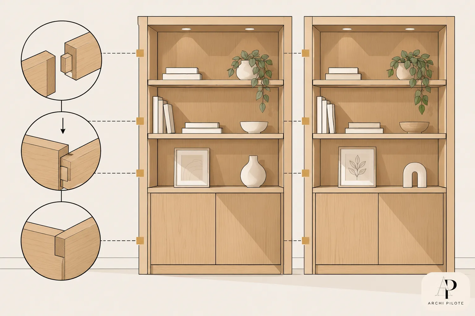 Deux bibliothèques en bois clair placées côte à côte avec des étagères et des objets décoratifs dessus.
