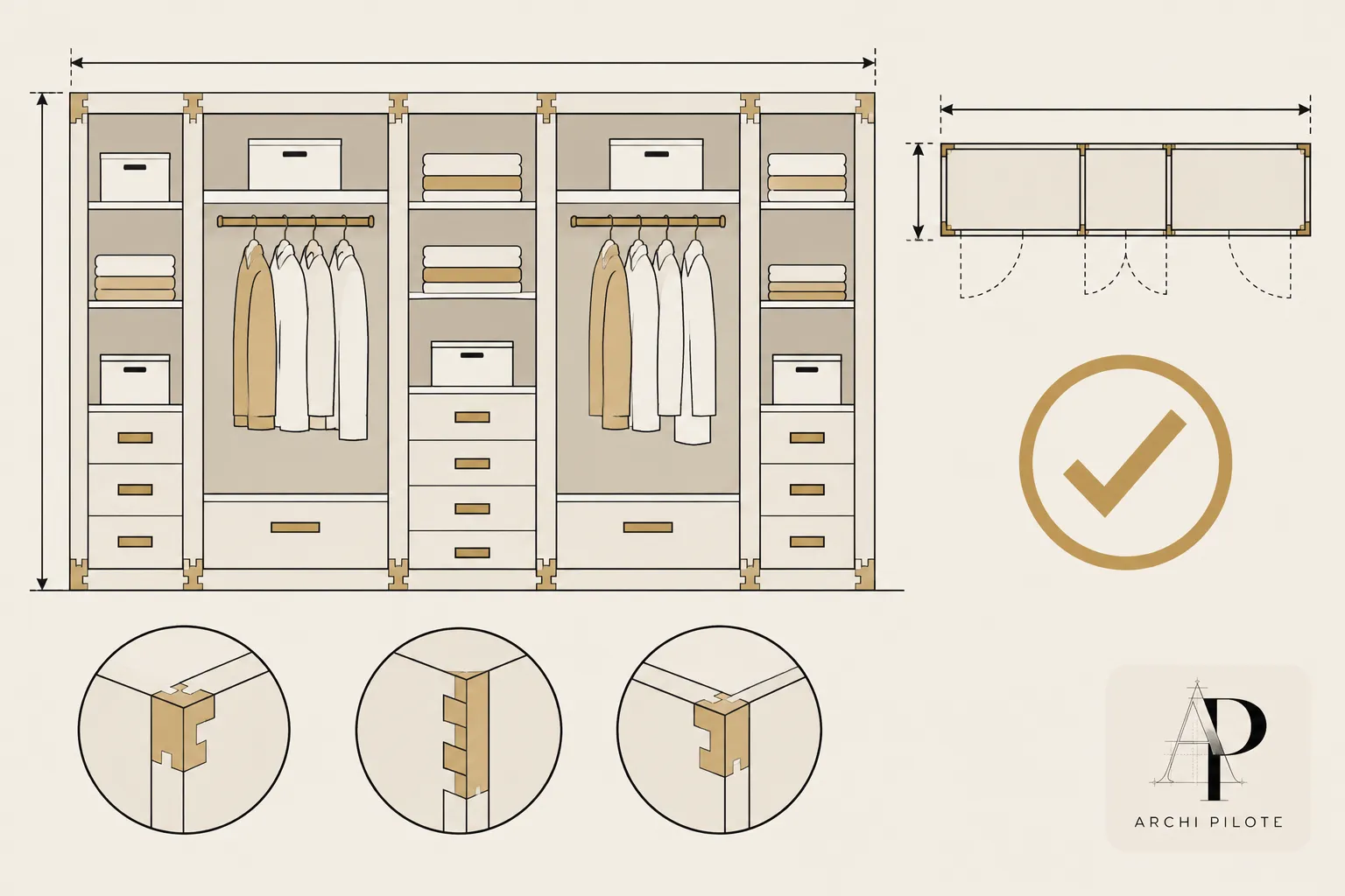 Plan d’armoire sur rails avec rangements et penderies, vues détaillées des connecteurs et du montage.