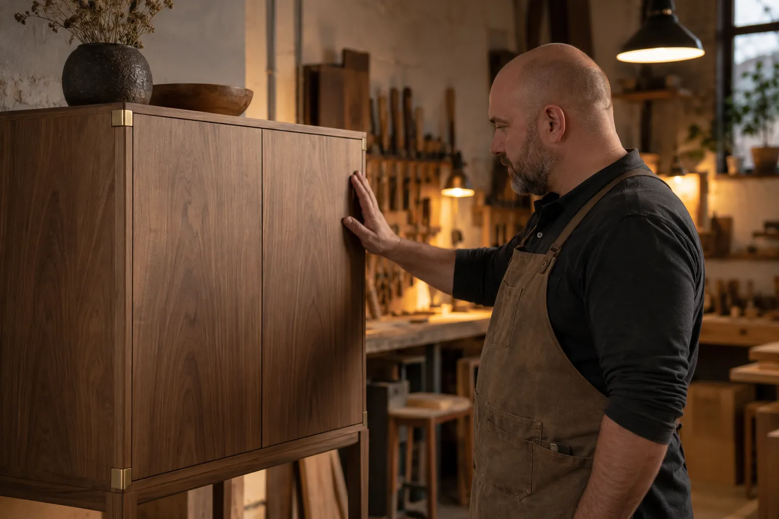 Un artisan masculin, en tablier, touche une grande armoire en bois dans son atelier.