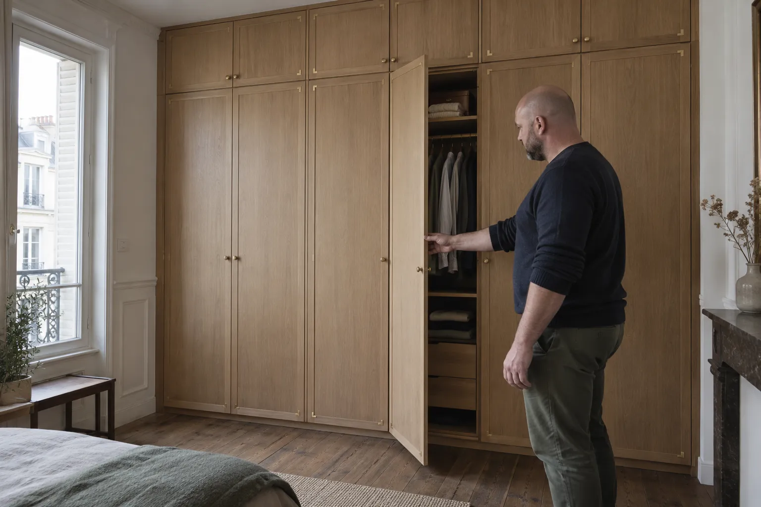 Un homme ouvre une grande armoire en bois dans une chambre lumineuse.