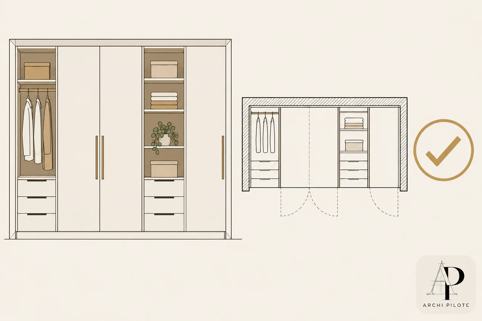Agencement de placards et penderies avec rangements ouverts et tiroirs autour d’une armoire centrale.