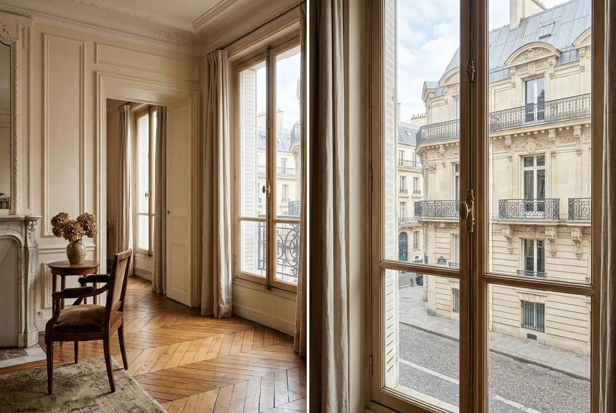 Vaste salon lumineux au charme de l'ancien avec parquet en chevrons, murs moulurés et grandes fenêtres donnant sur façades parisiennes.
