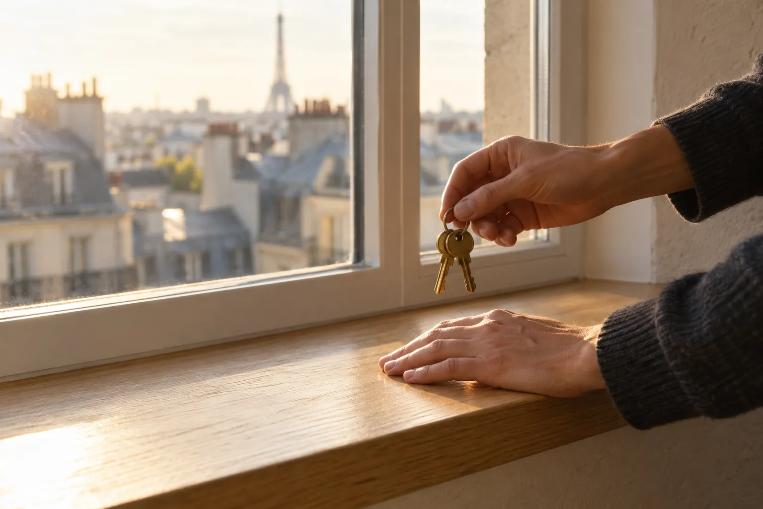Une main tient des clés près d'une fenêtre avec vue sur des toits urbains.