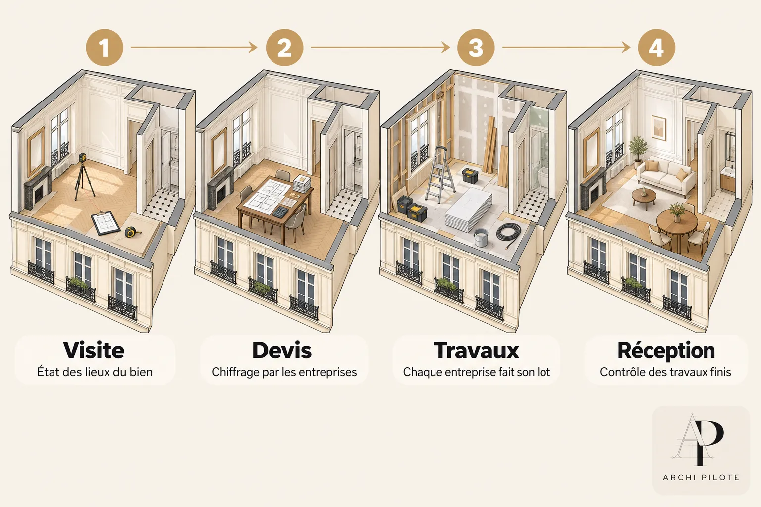 Intérieur d’un appartement montrant les étapes Visite, Devis, Travaux et Réception.
