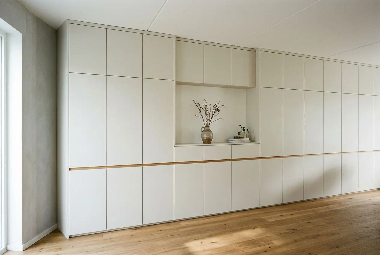 Optimisation de meubles Ikea: grande rangée de façades blanches sur mesure avec une niche décorative et une ligne bois, parquet clair.