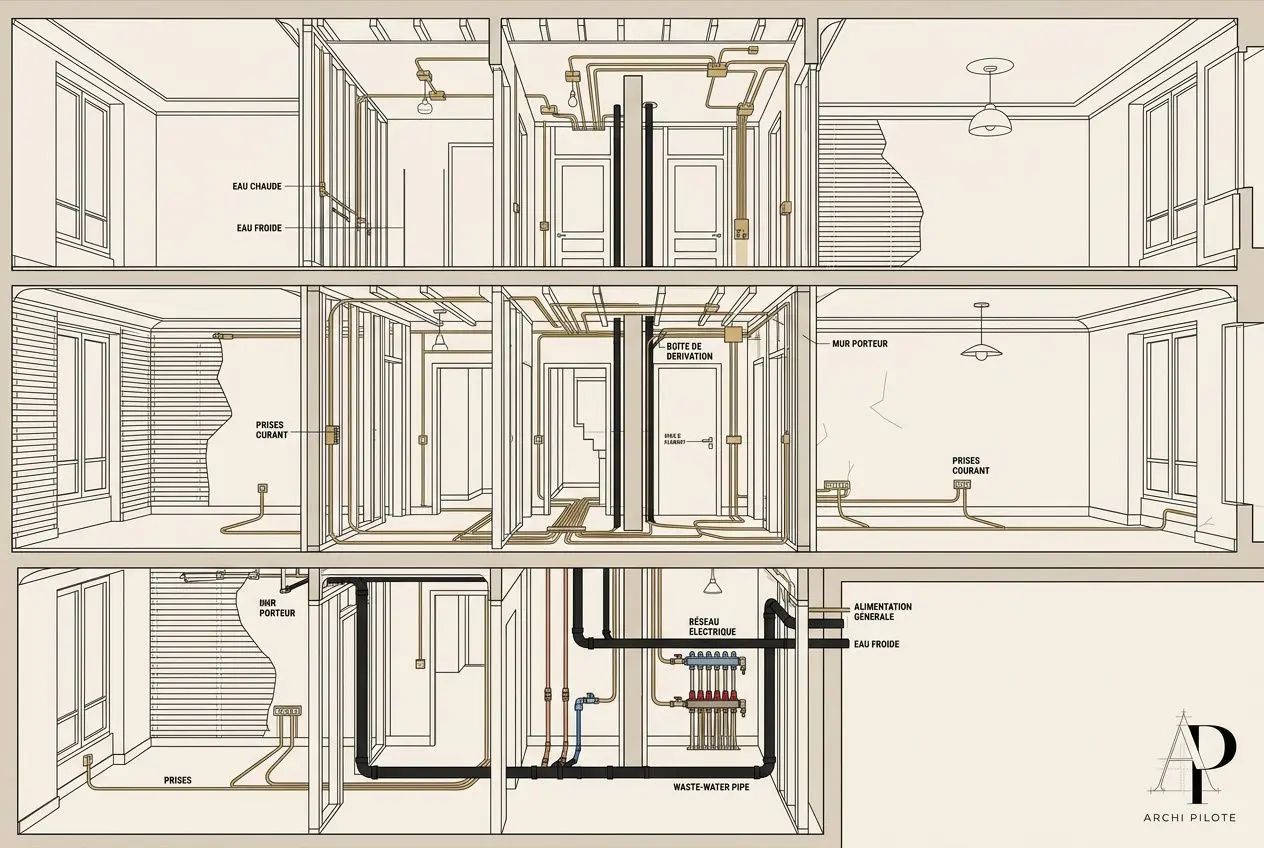 Plan technique d’une rénovation d'appartement complet à Paris, Île-de-France, montrant réseaux et agencement internes.