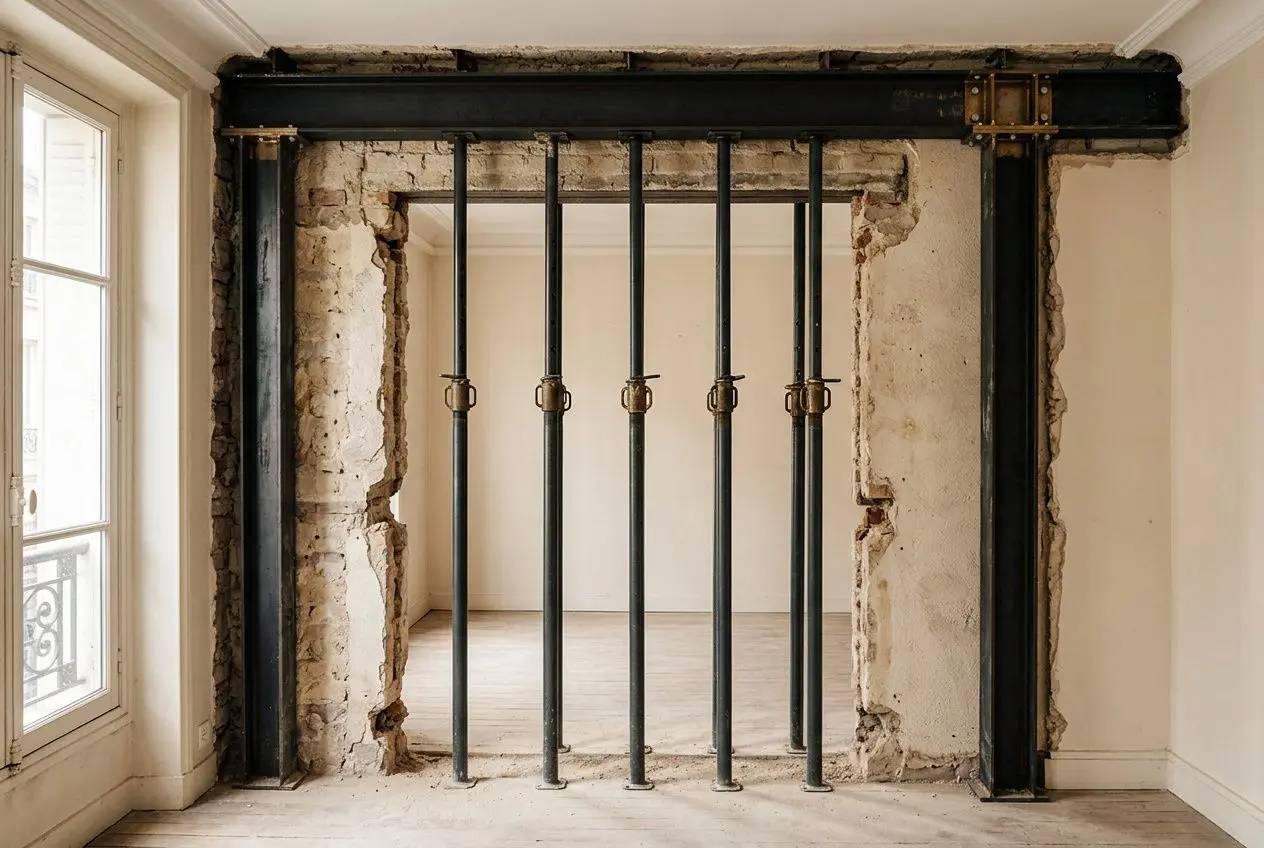Entrée d'un appartement en rénovation montrant une cloison retravaillée avec une structure métallique et des barres de séparation encastrées.