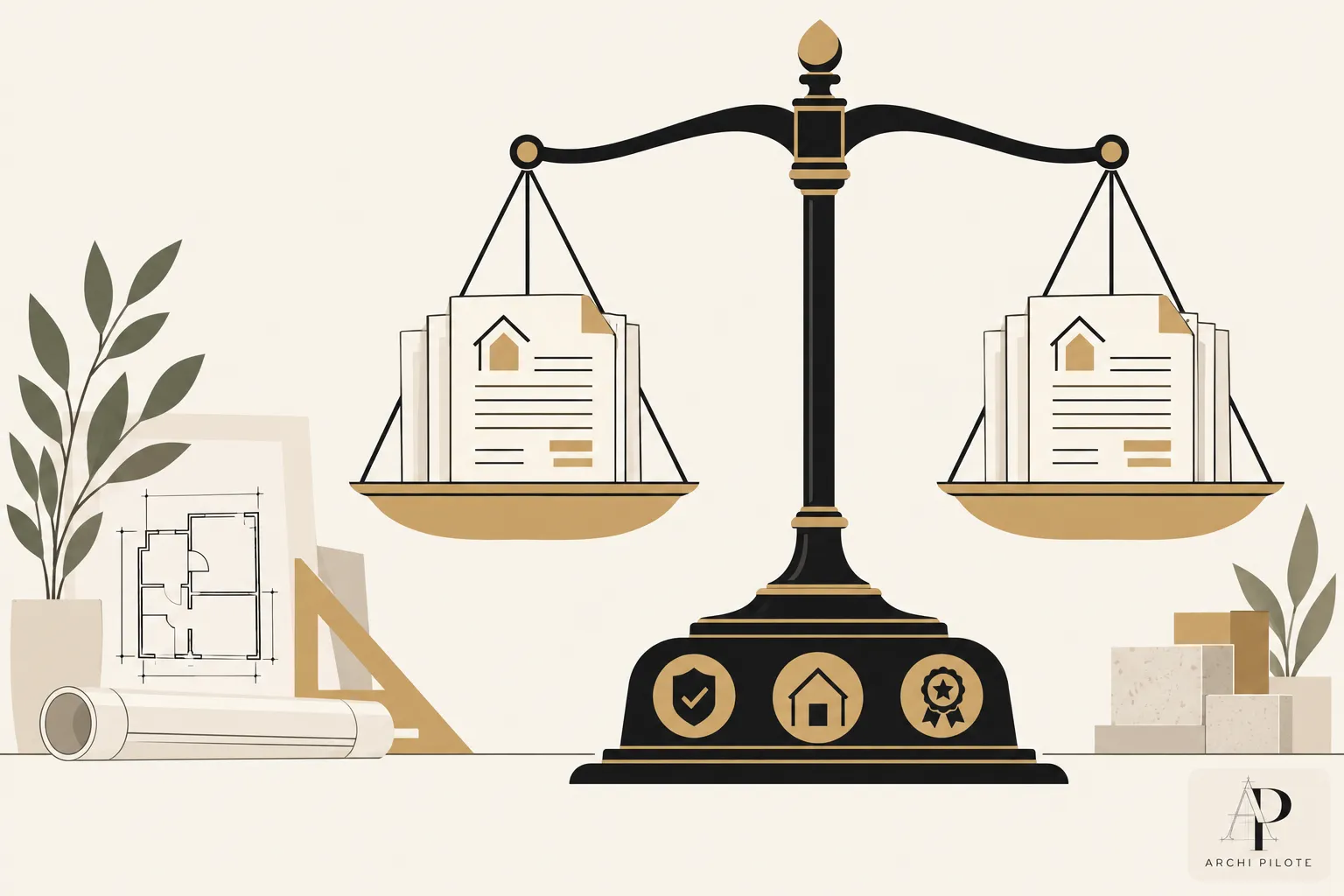 Vue d'une balance avec des documents et plans, symbolisant l'évaluation des devis et assurances.