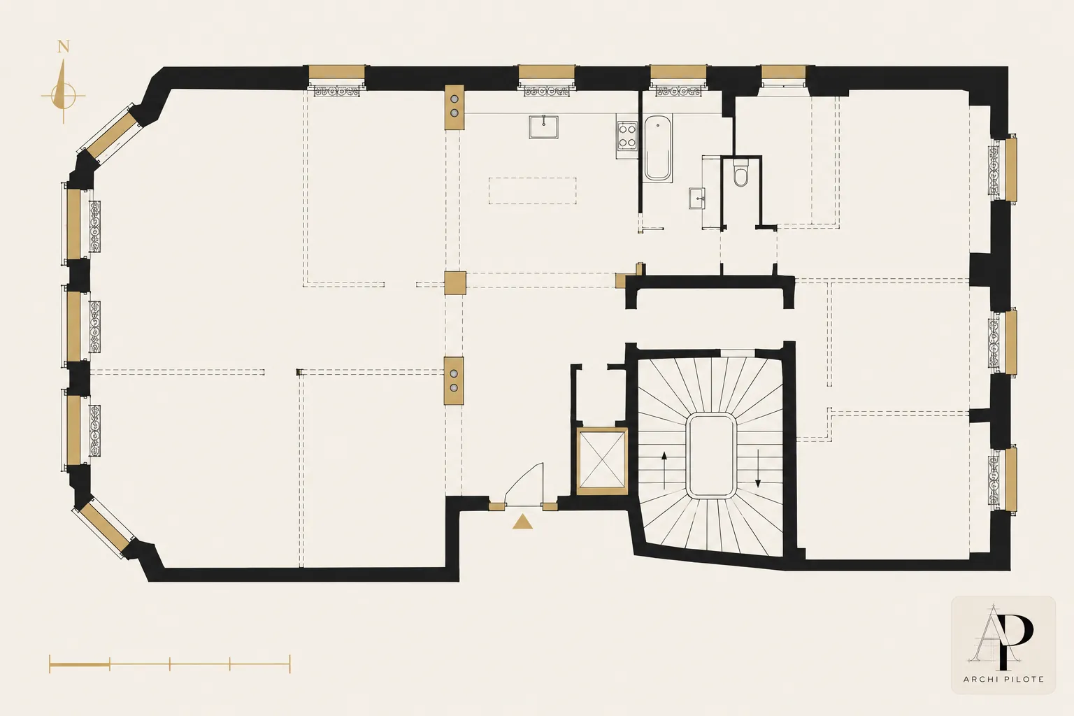 Plan du rez-de-chaussée d’un appartement en rénovation, montrant l’agencement des pièces autour d’un escalier central et