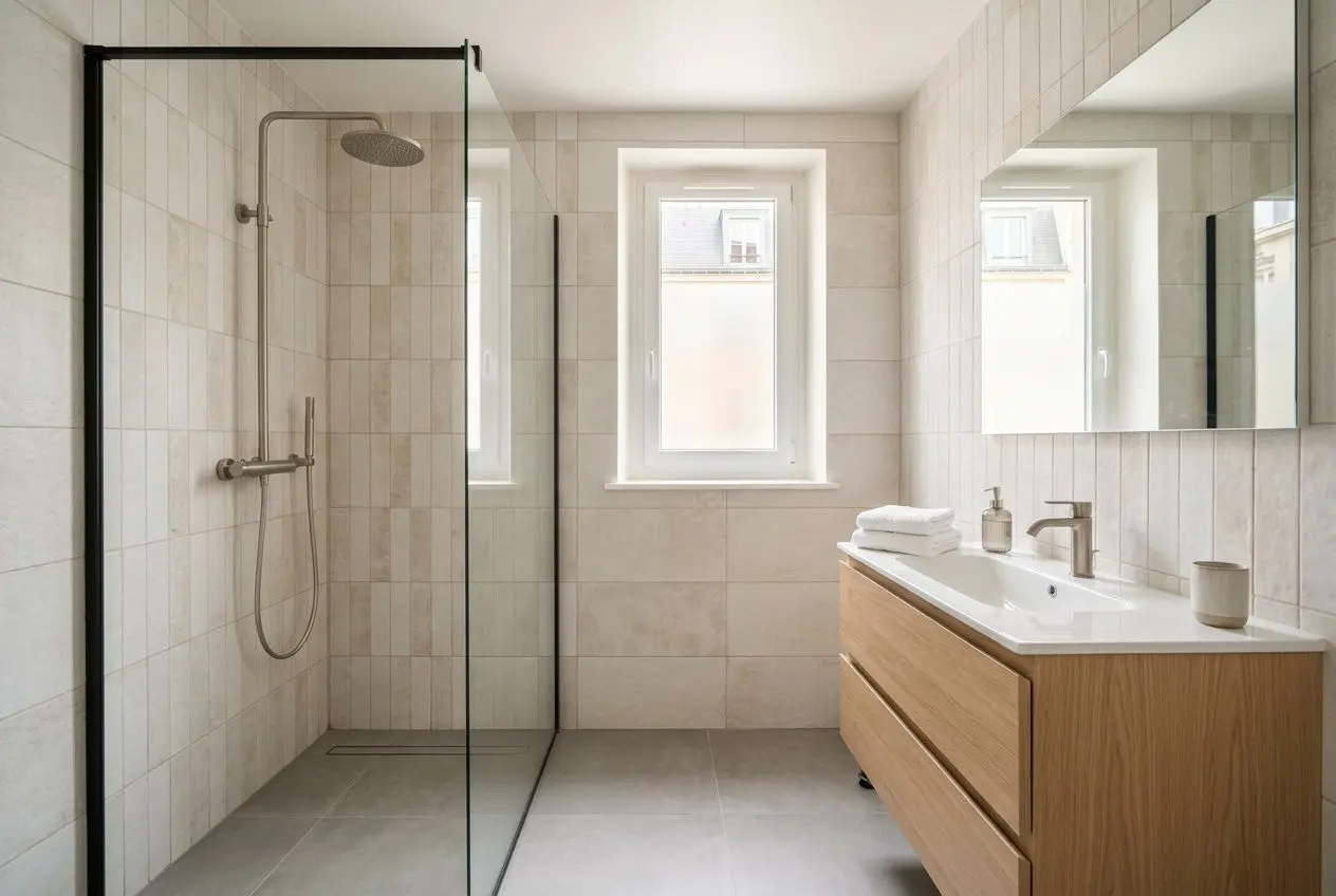 Salle de bains moderne avec douche à porte vitrée et meuble lavabo bois, grande fenêtre lumineuse et carrelage clair. Rénovation salle de bain possible.
