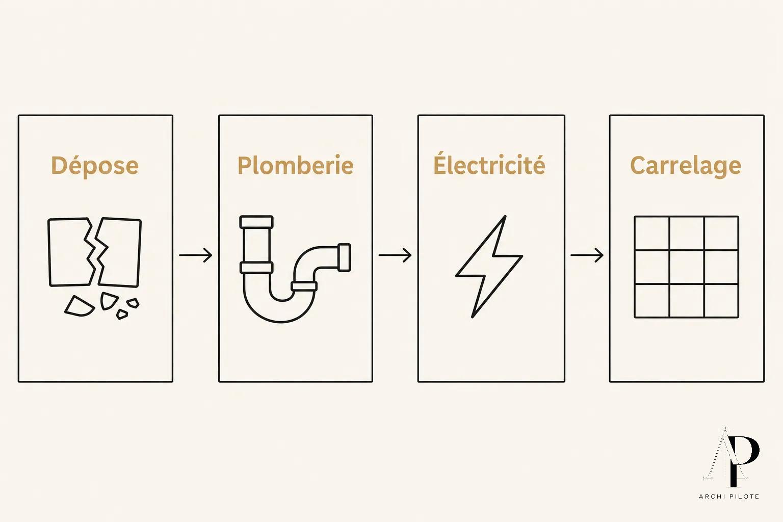 Illustration schématique d’un parcours: Dépose -> Plomberie -> Électricité -> Carrelage, représentant les étapes d’une rénovation salle de bain.