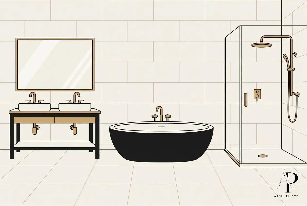 Salle de bains contemporaine avec double lavabo, grande baignoire noire et douche à l’italienne, design épuré.