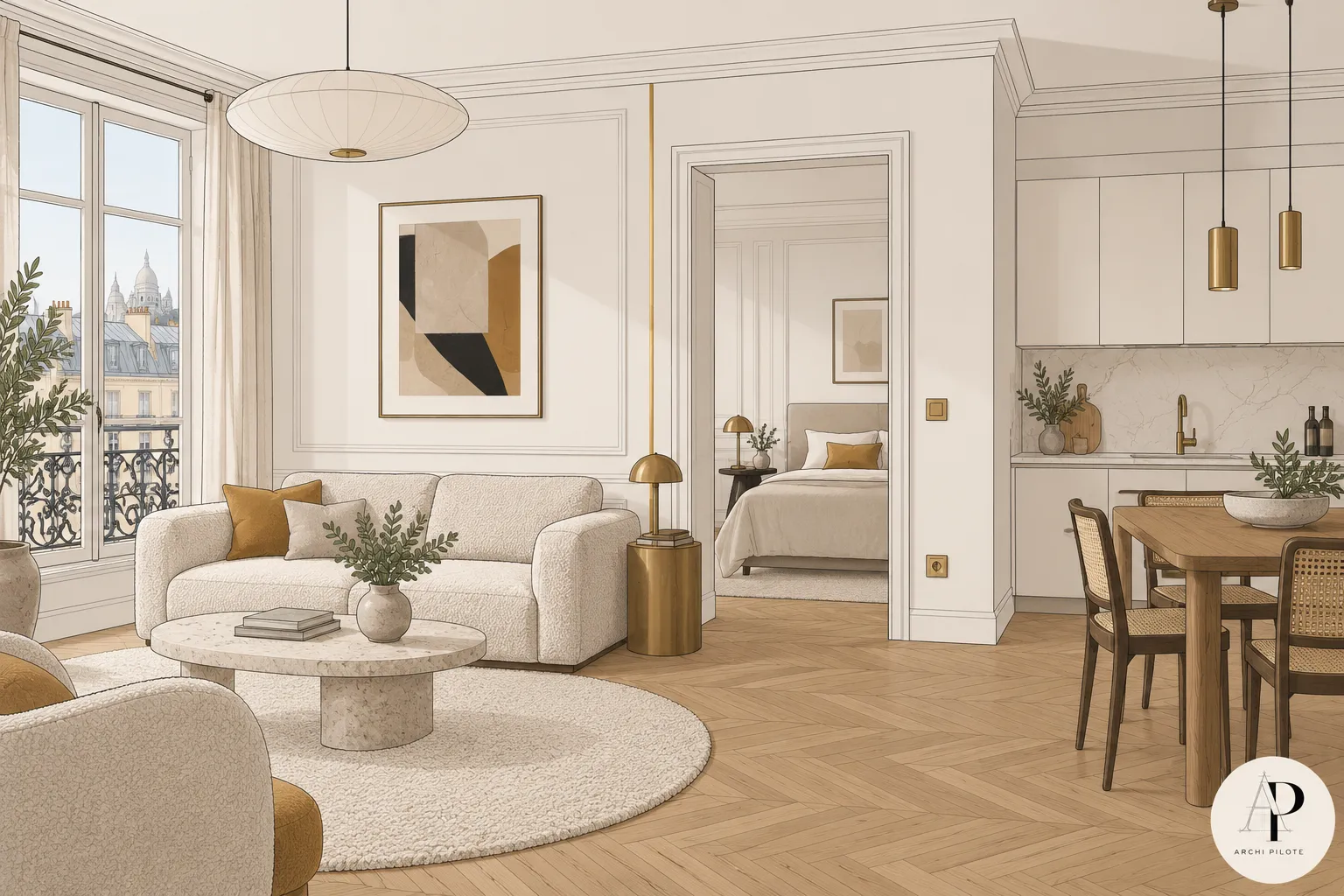 Intérieur d’un salon moderne et lumineux avec canapé, table basse et coins cuisine et chambre visibles au fond.