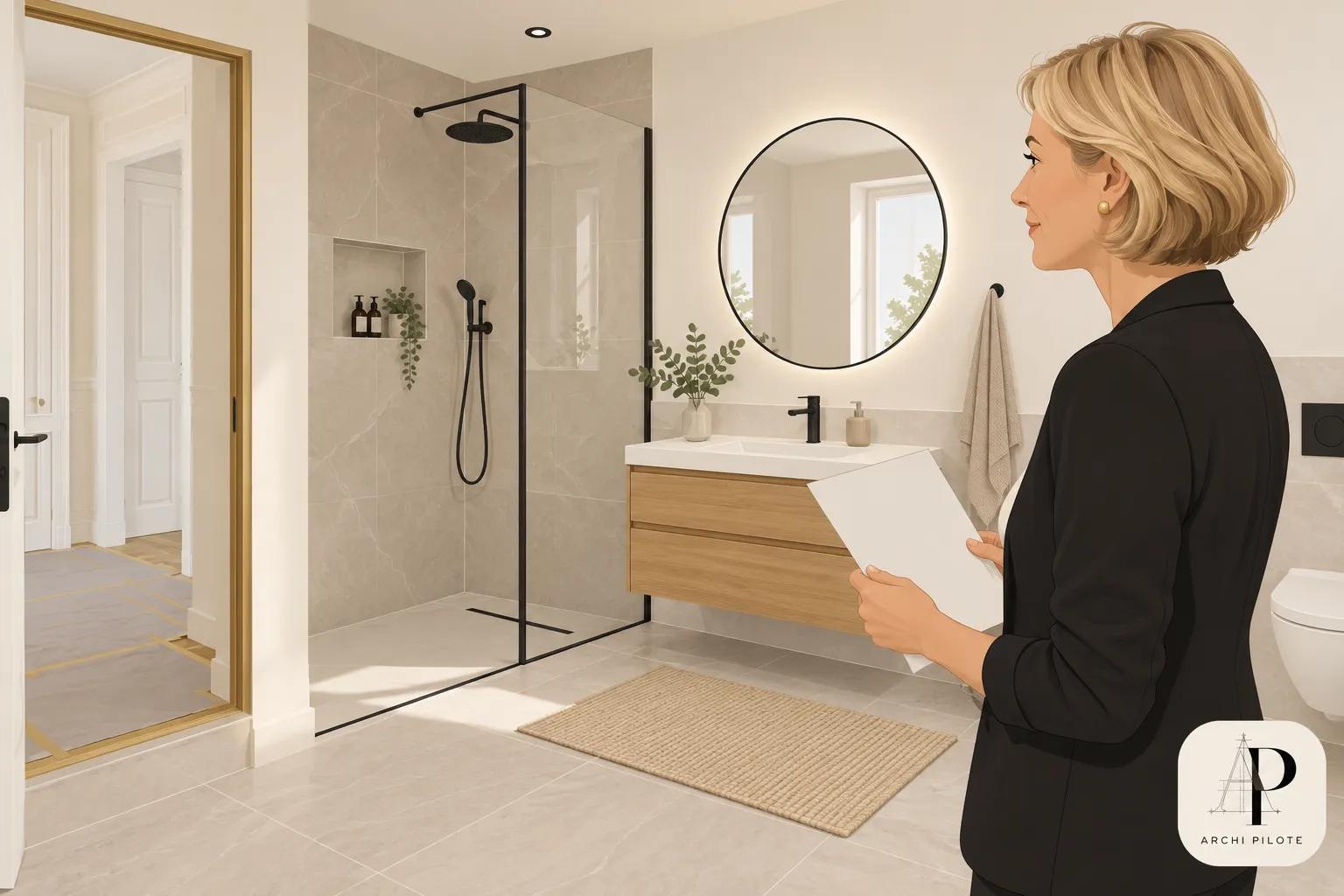 Une femme d’affaires tient des papiers dans une salle de bain moderne avec une douche à l’italienne, un meuble lavabo et un