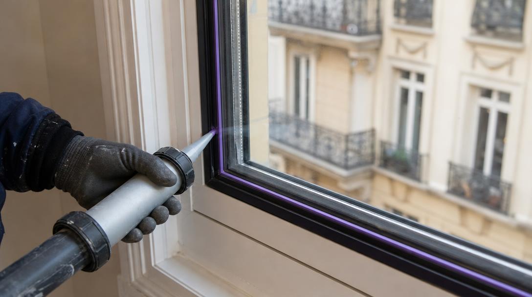 Fenêtre double vitrage posée avec joint d'étanchéité dans un appartement