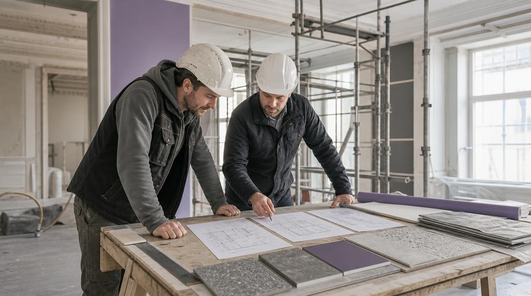 Conducteur de travaux comparant trois devis détaillés pour rénovation, avec plans et échantillons à portée de main