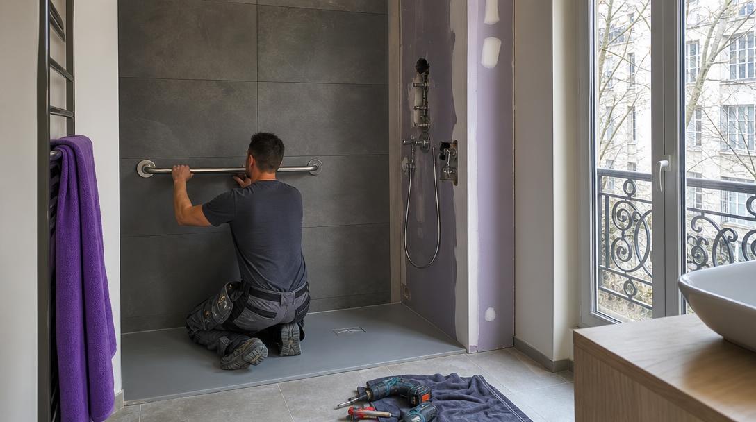 Douche italienne de plain-pied avec barre d'appui en cours de pose lors de travaux d'adaptation à Paris