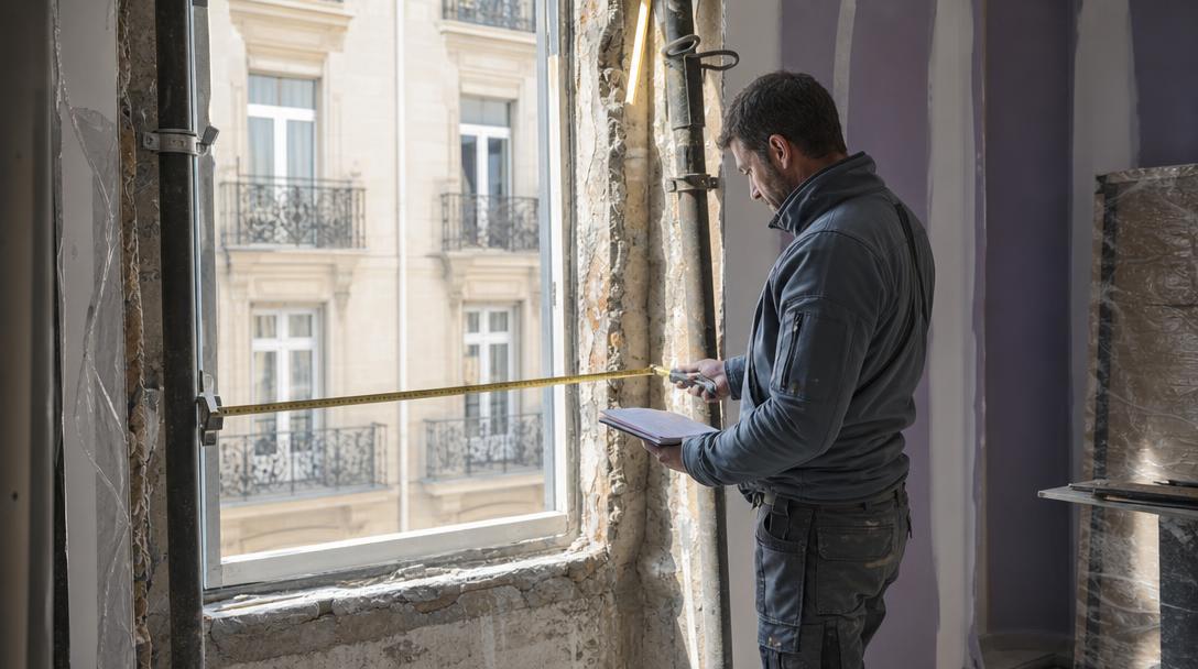 Dépose d'une fenêtre pour remplacement en chantier de rénovation, chef de chantier prenant les mesures